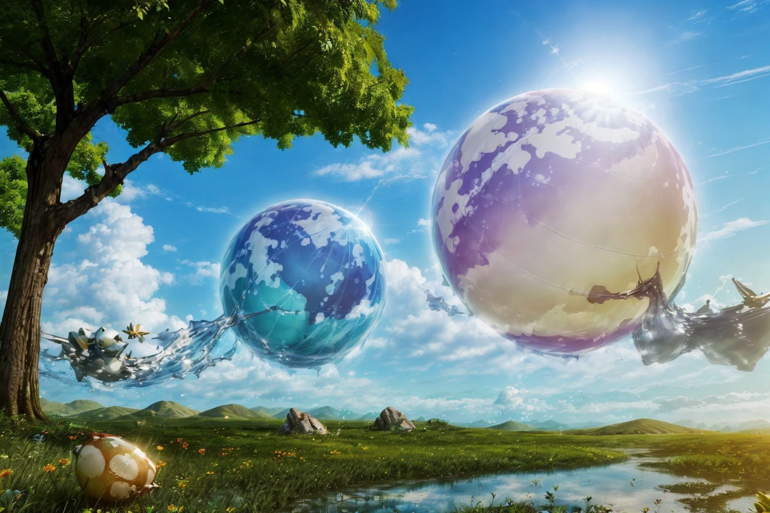 <lora:FrutigerAero-000009:0.9> ((Frutiger_Aero)), CGI,  glossy, bright, sunshine, dream-like, (surreal), <lora:LIGHT_AND_SHADOW_cloud.clolorful_starry.stars_LAS:0.3>  <lora:0u5UFdD_q0l4g+nwvl4_v1.0:0.4>,  <lora:FeyAndFairies-10:0.3>, <lora:more_details:0.7>