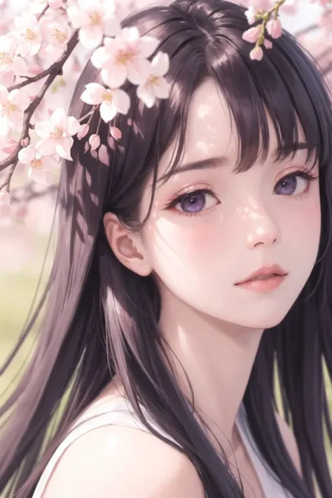 masterpiece, best quality, branch, cherry_blossoms, depth_of_field, hanami, pink_flower, spring_\(season\), motion_blur, wisteria, tree, photo_\(medium\), petals, flower, plum_blossoms, 1girl, solo, realistic, outdoors, falling_petals,