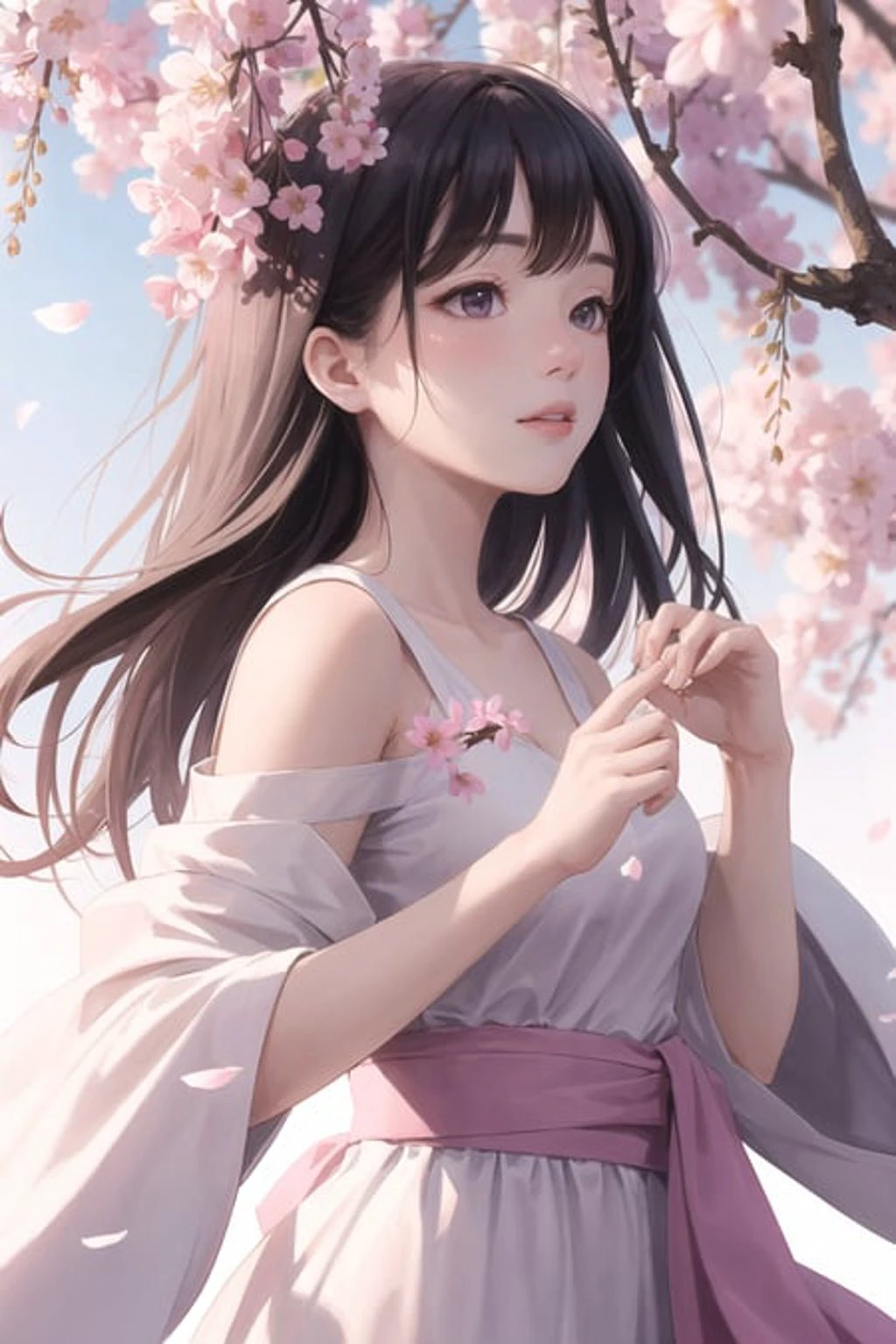 branch, cherry_blossoms, depth_of_field, hanami, pink_flower, spring_\(season\), motion_blur, wisteria, tree, photo_\(medium\), petals, flower, plum_blossoms, 1girl, solo, realistic, outdoors, falling_petals, masterpiece, best quality