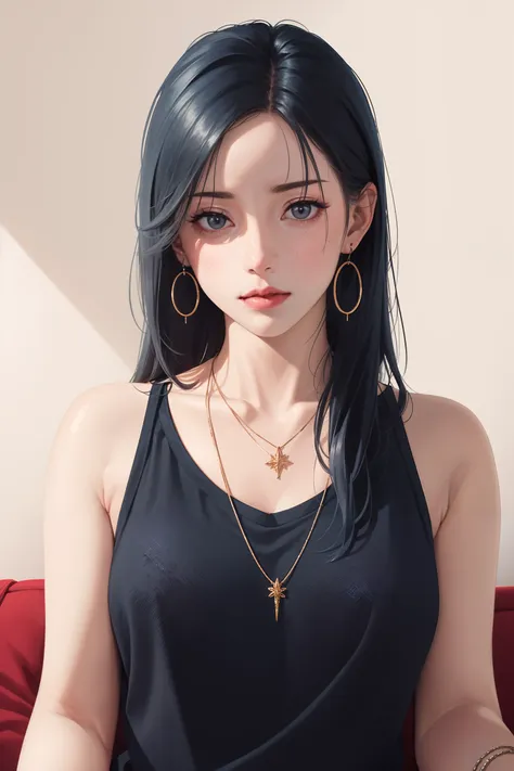 <(realistic:1.4), (extremely intricate:1.2)>, close up, 1girl, solo, [light grey hair:blue hair:0.2], jewelry, v, necklace, looking at viewer, black eyes, long hair, shirt, sitting, striped, indoors, earrings, high contrast, night, dark, (freckle:0.9)