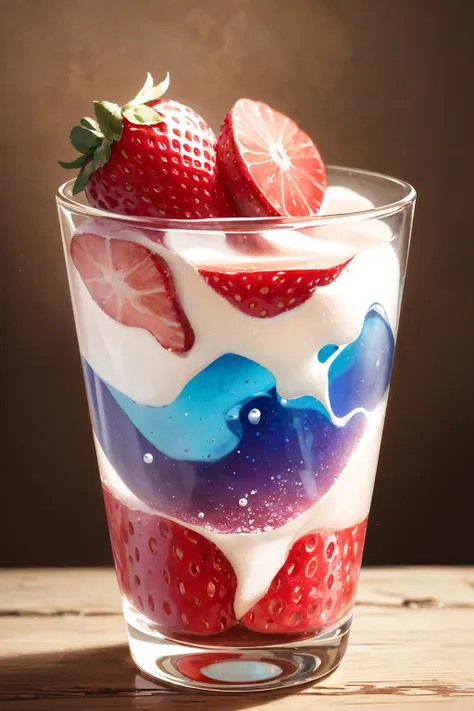 (Magical Photo:1.3) of (Realistic:1.3),(Energetic:1.3) product photography of a strawberries falling into a glass of milk, splash, intricate, epic,(by Artist RHADS:1.3),Highly Detailed,(Provia:1.3)