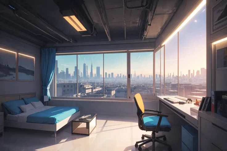 a gorgeous sci-fi bedroom matte painting by john harris, sparth and greg rutkowski. sharp edges, tiffany blue, grey orange, white and golden. sci-fi bedroom in a space base, outside the windows a future city skyline, light effect. ultra clear detailed, 3d, octane render 8k