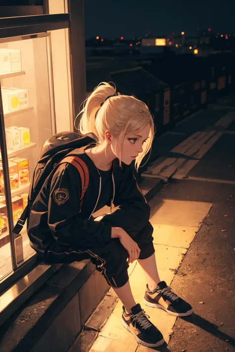 realistic, best quality, 8k uhd, dslr, soft lighting, high quality, film grain, Fujifilm XT3,
(close up, from directly above), Edgy girl, dark orange jacket, techwear, camera, backpack, white sneaker, platinum blonde hair color, ponytail, dramatic makeup, piecing, sitting outside of a convenience store, looking at the street, outdoor, ((nighttime, dark city)), neon signs, individuality, authenticity, creative expression