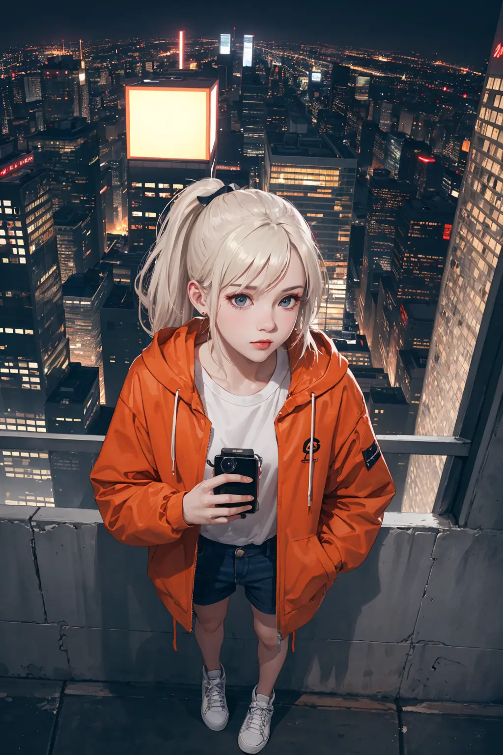 realistic, best quality, 8k uhd, dslr, soft lighting, high quality, film grain, Fujifilm XT3,
(close up, from directly above), Edgy girl, dark orange jacket, white sneaker, platinum blonde hair color, ponytail, dramatic makeup, piecing, (nighttime, dark city), neon signs, individuality, authenticity, creative expression,
camera, computer, books, messy room, rooftop apartment