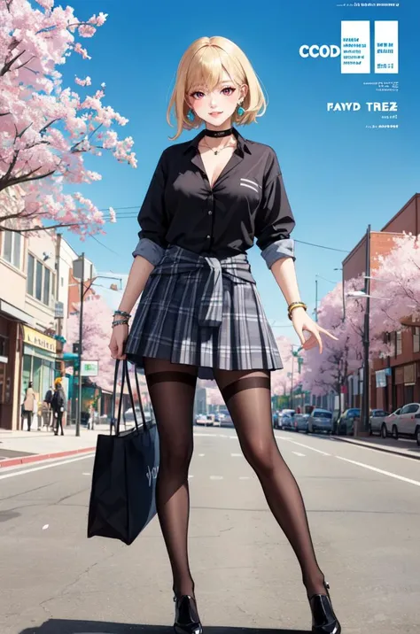 masterpiece, best quality, full body, stockings, pantyhose, 1girl, bangs, black choker, black necktie, blonde hair, blue skirt, blush, bracelet, breasts, choker, clothes around waist, collarbone, collared shirt, cowboy shot, dress shirt, ear piercing, eyebrows visible through hair, gradient hair, grin, gyaru, jewelry, kogal, long hair, looking at viewer, loose necktie, necktie, piercing, plaid, plaid skirt, pleated skirt, red eyes, ring, school uniform, shirt, skirt, smile, solo, white shirt, street, sky, cherry blossoms, petals,illustration, (magazine:1.3), (cover-style:1.3), fashionable, woman, vibrant, outfit, posing, front, colorful, dynamic, background, elements, confident, expression, holding, statement, accessory, majestic, coiled, around, touch, scene, text, cover, bold, attention-grabbing, title, stylish, font, catchy, headline, larger, striking, modern, trendy, focus, fashion,