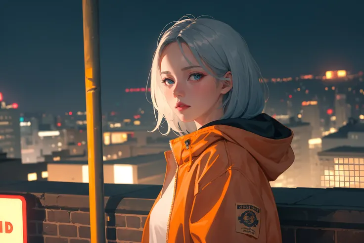 (1girl:1.2), beautiful:1.2, realistic, best quality, 8k uhd, dslr, soft lighting, high quality, film grain, dark orange jacket, white sneaker, blue hair color,
(nighttime, dark city), neon signs, (rooftop apartment)