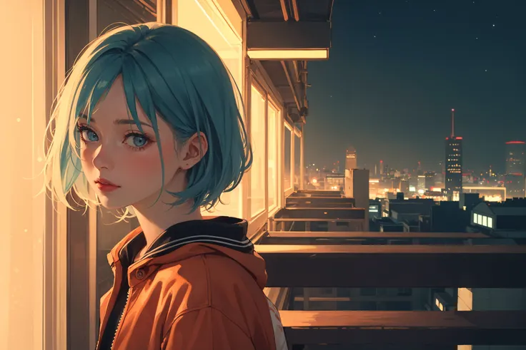 (1girl:1.2), beautiful:1.2, realistic, best quality, 8k uhd, dslr, soft lighting, high quality, film grain, dark orange jacket, white sneaker, blue hair color,
(nighttime, dark city), neon signs, messy room, rooftop apartment