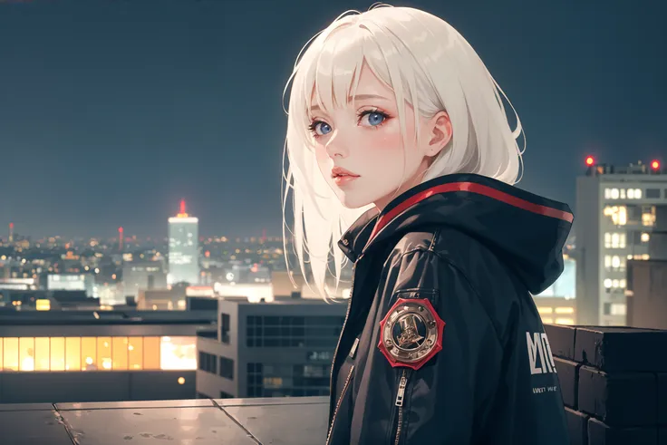 (1girl:1.2), beautiful:1.2, realistic, best quality, 8k uhd, soft lighting, high quality, film grain, black jacket, white sneaker, white hair color,
(nighttime, dark city), neon signs, (rooftop apartment)