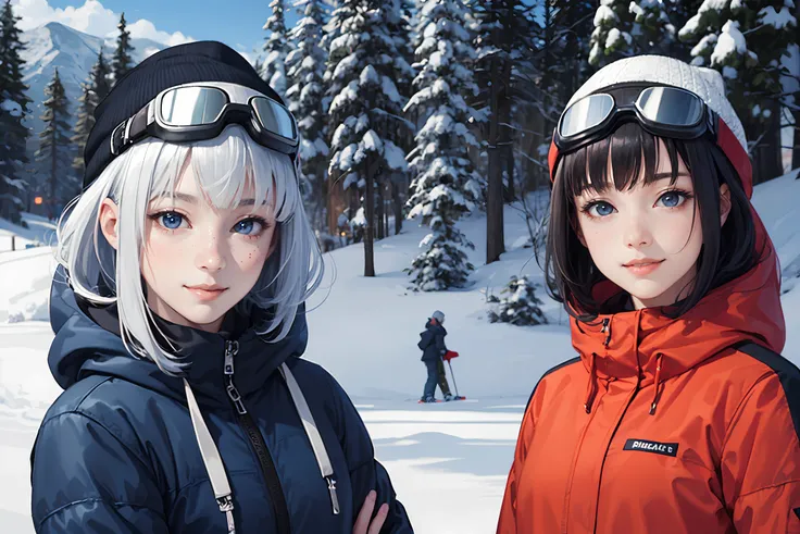 (realistic:1.4), (extremely intricate:1.2), (anime:1.2), (beautiful, pretty), (2 girls hugging), 1 silver hair girl, 1 blue hair girl, masterpiece, highly detailed, bangs, (smiling:1.2), parted lips, looking at viewer, bangs, (closed mouth), (smirk), black hair,
full body, outdoors, high collar, ski gear, hood, (hood down), (freckles:0.8), steam, (upper body),
beanie, snow goggles, goggles on head, mountain, snow, coniferous trees, gloves, jacket, long sleeves, winter clothes, winter coat,