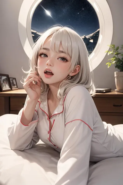 masterpiece, best quality, detailed,
Volumetric Lighting, Best Shadows, Shallow Depth of Field, Portrait Of Stunningly Beautiful Girl, Delicate Beautiful Attractive Face With Alluring Black Eyes, Half Closed Eyes, Thick Eyebrows, Yawning, Open Mouth, Cute Fangs, Layered Medium White Hair, Blush Eyeshadow, Thick Eyelashes, Kigurumi Animal Pajamas, In The Dreamy Attic Bedroom, Sitting On Comfortable Bed, With Animal Pillows, Lovely Duvet Cover, Under The Circular Round Window, Fantastic Night Sky of Through Window, Moonlight, Milky Way, Starburst,