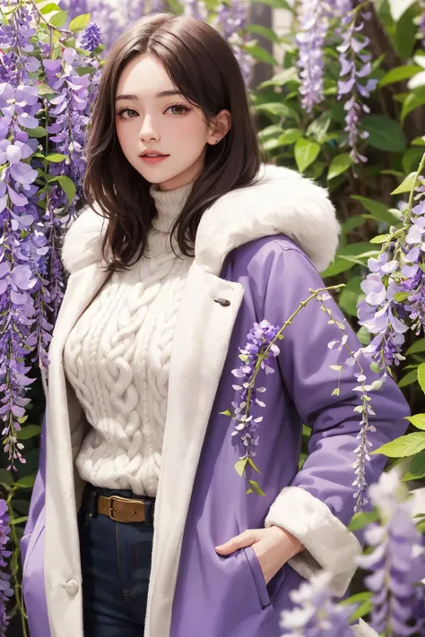 realistic, best quality, high quality, film grain,
1girl, mature female, (smile:0.5), big breasts, standing, ((wisteria tree, flowers, tree branch)),
(long sweater), (fur coat jacket:1.3)