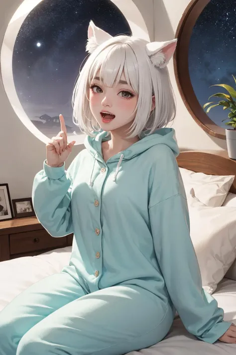 masterpiece, best quality, detailed,
Volumetric Lighting, Best Shadows, Shallow Depth of Field, Portrait Of Stunningly Beautiful Girl, Delicate Beautiful Attractive Face With Alluring Black Eyes, Half Closed Eyes, Thick Eyebrows, Yawning, Open Mouth, Cute Fangs, Layered Medium White Hair, Blush Eyeshadow, Thick Eyelashes, Kigurumi Animal Pajamas, In The Dreamy Attic Bedroom, Sitting On Comfortable Bed, With Animal Pillows, Lovely Duvet Cover, Under The Circular Round Window, Fantastic Night Sky of Through Window, Moonlight, Milky Way, Starburst,