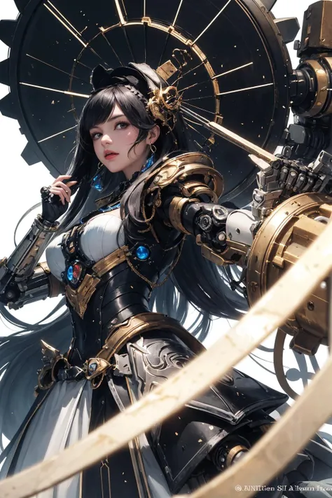 (Masterpiece, top quality, best quality, official art, beautiful and aesthetic:1. 2), ultra realistic, vibrant color, centered, focused shot, Instagram able, selfie, close up shot, dominating, biochemical cybernetic ung witch, steampunk clockwork witch hat, cybernetic style witch dress, stray hair, magical aura, dynamic pose, (fractal art:1. 5, zentangle:1. 1), (epic composition, epic proportion), (gears background), professional work, extremely detailed, high quality, 16K, highres, ultra details, finely detail, an extremely delicate and beautiful, extremely detailed, real shadow, mechanical parts, robot joints, headgear, full armor, mechanical parts, robot joints, headgear, full armor, mecha musume