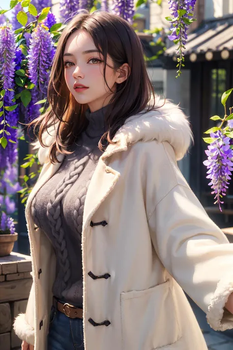 (natural skin texture, hyperrealism, lighting, sharp),
realistic, best quality, 8k uhd, dslr, soft lighting, high quality, film grain, raytracing, detailed face, extremely detailed CG unity 8k wallpaper,
1girl, mature female, (smile:0.5), big breasts, standing, ((wisteria tree, flowers, tree branch)), (long sweater), (fur coat jacket:1.3)