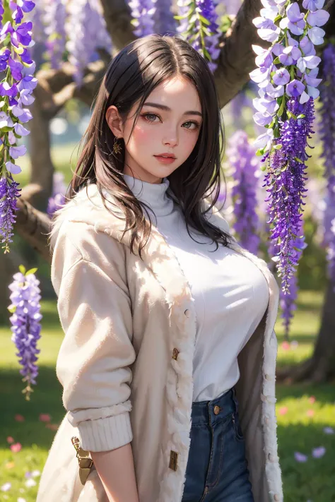 (natural skin texture, hyperrealism, lighting, sharp),
realistic, best quality, 8k uhd, dslr, soft lighting, high quality, film grain, raytracing, detailed face, extremely detailed CG unity 8k wallpaper,
1girl, mature female, (smile:0.5), big breasts, standing, ((wisteria tree, flowers, tree branch)), (long sweater), (fur coat jacket:1.3)
