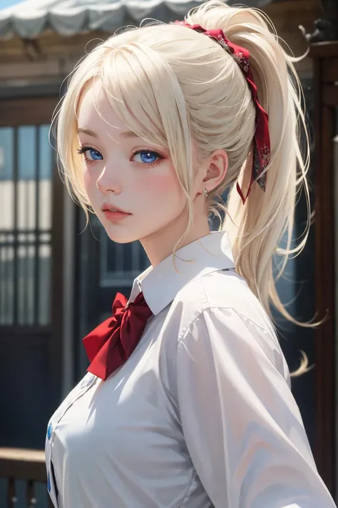 (masterpiece:1.2, best quality), realistic, (real picture, intricate details, depth of field), solo,1girl,bishojo,beautiful detailed eyes,Student uniforms, platinum blonde hair, ponytail