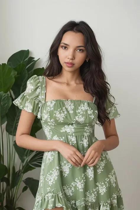 picture of haripear, wearing (green and white floral dress), interior, photorealistic, detailed face, detailed eyes