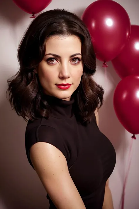 juliabenson-3552, ((detailed skin, detailed face):1.2), ((detailed eyes, beautiful eyes):1.2), ((red lipstick, blush)),((dark brown hair)) , photo of a woman, ,fashion portrait photo of a woman from the 60s wearing a red turtleneck standing in the middle of a ton of balloons, taken on a hasselblad medium format camera,
