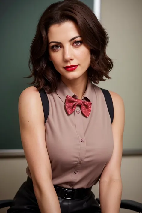 juliabenson-3552, ((detailed skin, detailed face):1.2), ((detailed eyes, beautiful eyes):1.2), ((red lipstick, blush)),((dark brown hair)) ,photo of a woman, RAW, close portrait photo, ((bowtie, shirt)),((short hair)), ((classroom, sitting)), slim body, 8k uhd, dslr, soft lighting, high quality, film grain, Fujifilm XT3 sharp focus, f 5.6,((red lipstick, blush)) , slight smile, ((detailed eyes, beautiful eyes, detailed face, beautiful face)),