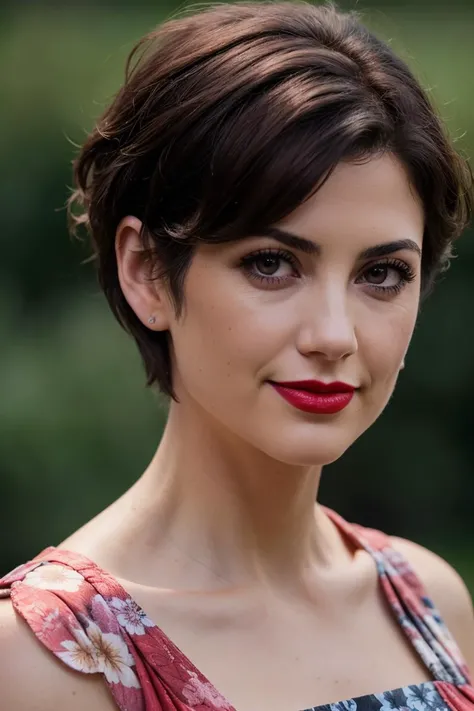 juliabenson-3552, ((detailed skin, detailed face):1.2), ((detailed eyes, beautiful eyes):1.2), ((red lipstick, blush)),((dark brown hair)) ,photo of a woman, RAW, close portrait photo, ((beautiful floral print sundress)),((short hair, pixie cut)), ((outdoors, gorgeous meadow, walking)), 8k uhd, dslr, soft lighting, high quality, film grain, Fujifilm XT3 sharp focus, f 5.6,((red lipstick, blush)) , slight smile,