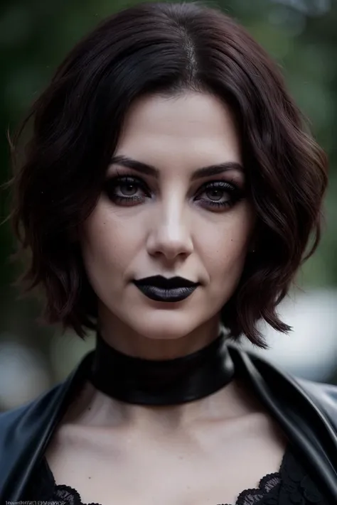 juliabenson-3552, ((detailed skin, detailed face):1.2), ((detailed eyes, beautiful eyes):1.2), ((red lipstick, blush)),((dark brown hair)) ,photo of a woman, RAW, close portrait photo, ((black bodysuit, cape)),((short hair, dark red hair)), ((outdoors, detailed scifi city, walking)), slim body, 8k uhd, dslr, soft lighting, high quality, film grain, Fujifilm XT3 sharp focus, f 5.6,((black lipstick, heavy eyeliner, heavy eye shadow, goth makeup, pale skin)) , smiling ((detailed eyes, beautiful eyes, detailed face, beautiful face)),