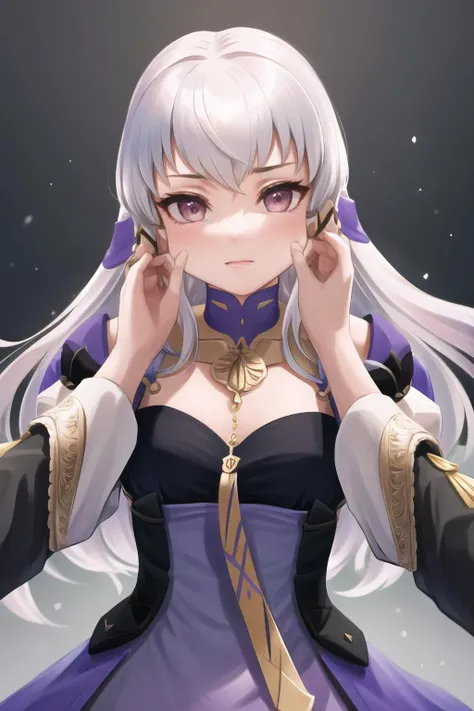 Highly detailed, High Quality, Masterpiece, beautiful, solo, 1girl, lysitheatimeskip, hair ornament, purple dress, long sleeves, <lora:Char_FireEmblem_Lysithea:1>, PinchingPOV, pov, cheek pull, <lora:Pos_PinchingPOV:1>