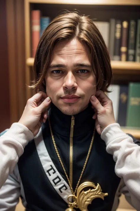Highly detailed, High Quality, Masterpiece,face shot, (1boy):1.5,strong, PinchingPOV, pov, cheek pull, <lora:PinchingPOV:1>, upper body,, happy, ^_^, closed mouth, (brad pitt):1.5, one eye covered, hair over one eye,silly smile,smaller eyes,