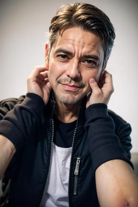 Highly detailed, High Quality, Masterpiece, beautiful, 1boy, PinchingPOV, pov, cheek pull, <lora:PinchingPOV:1>, upper body, blush, happy, ^_^, closed mouth, george clooney, one eye covered, hair over one eye,