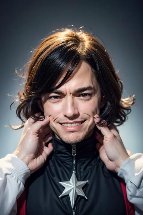 Highly detailed, High Quality, Masterpiece,face shot, (1boy):1.5,strong, PinchingPOV, pov, cheek pull, <lora:PinchingPOV:1>, upper body,, happy, ^_^, closed mouth, (clint eastwood):1.5, one eye covered, hair over one eye,silly smile,smaller eyes,