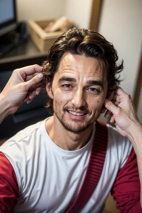Highly detailed, High Quality, Masterpiece,face shot, (1boy):1.5,strong, PinchingPOV, pov, cheek pull, <lora:PinchingPOV:1>, upper body,, happy, ^_^, closed mouth, (matthew mcconaughey):1.5, one eye covered, hair over one eye,silly smile,smaller eyes,