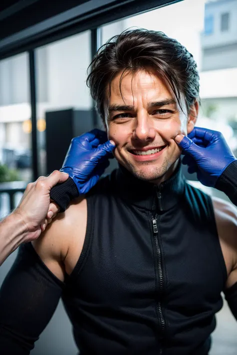 Highly detailed, High Quality, Masterpiece,face shot, (1boy):1.5,strong, PinchingPOV, pov, cheek pull, <lora:PinchingPOV:1>, upper body,, happy, ^_^, closed mouth, (tom cruise):1.5, one eye covered, hair over one eye,silly smile,smaller eyes,