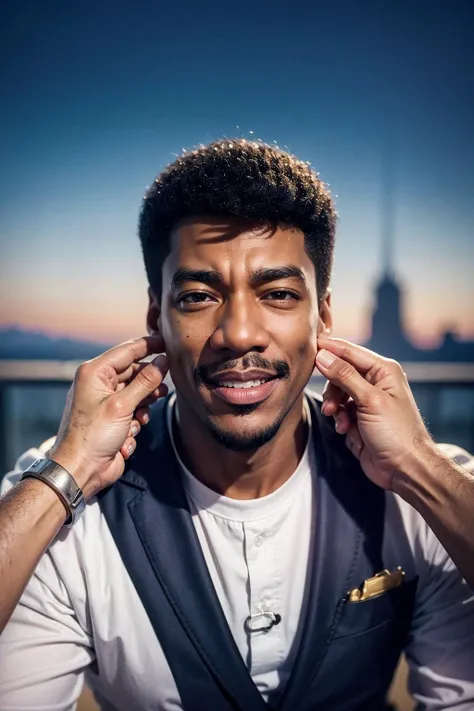 Highly detailed, High Quality, Masterpiece,face shot, (1boy):1.5,strong, PinchingPOV, pov, cheek pull, <lora:PinchingPOV:1>, upper body,, happy, ^_^, closed mouth, (eddie murphy):1.5, one eye covered, hair over one eye,silly smile,smaller eyes,