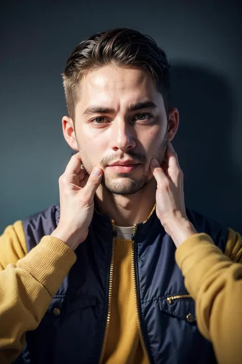Highly detailed, High Quality, Masterpiece, beautiful, 1boy, PinchingPOV, pov, cheek pull, <lora:PinchingPOV:1>, upper body, blush, happy, ^_^, closed mouth, paul walker, one eye covered, hair over one eye,