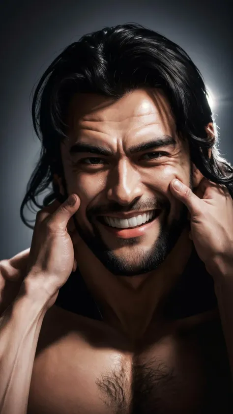 masterpiece, best quality,highres, 1 tough guy, smile, <lora:PinchingPOV:1.1>,PinchingPOV,pov, cheek pull,
