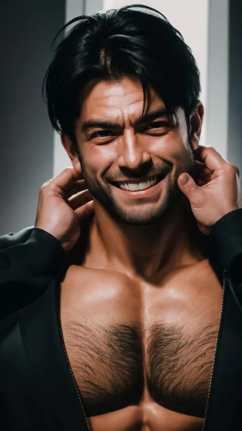 masterpiece, best quality,highres, 1 tough guy, smile, <lora:PinchingPOV:1.1>,PinchingPOV,pov, cheek pull,