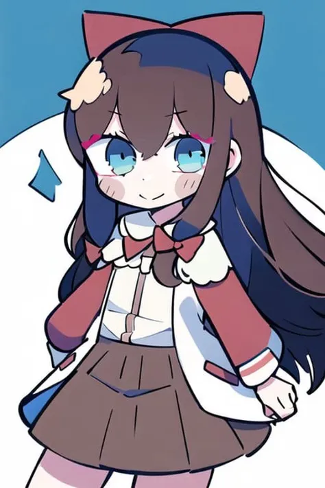 masterpiece, best quality, 1girl, solo, dynamic pose, brown hair, blue eyes, long hair, red hair bow, <lora:jiaranV23:0.8>, light smile, closed mouth, meadow,<lora:teradatera:1>, chibi