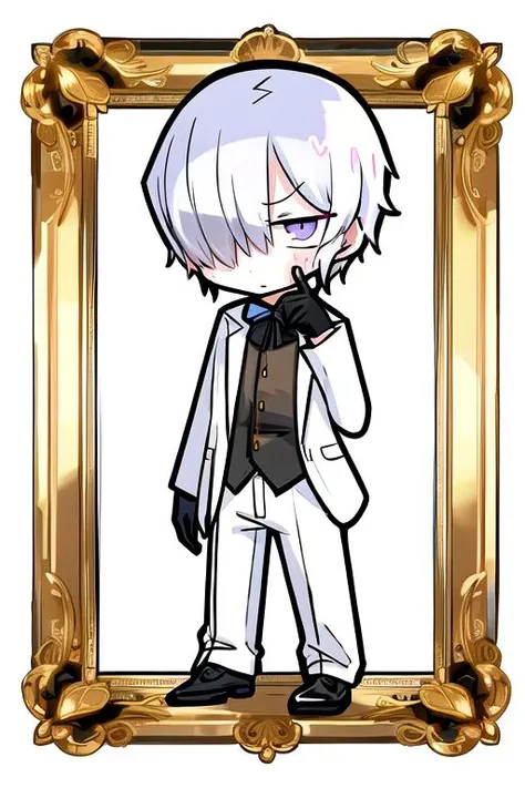 1boy, black gloves, formal clothes, white suit, long sleeves, male focus, purple eyes, grumpy, solo, full body, pants, (beige hair:1.2), fluffy hair, short hair, hair over right eye, <lora:mekakure_right_v100:0.85>, black undershirt, chibi, <lora:teradatera:1>,frame, strawberry, shortcake, whipped cream