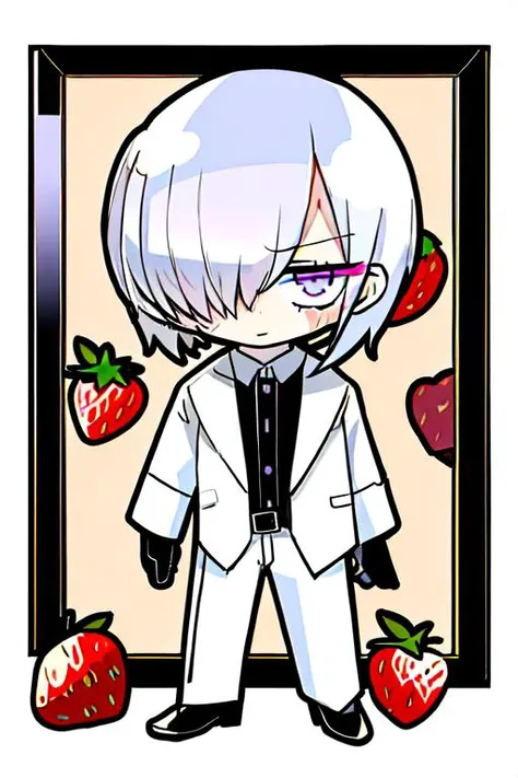 1boy, black gloves, formal clothes, white suit, long sleeves, male focus, purple eyes, grumpy, solo, full body, pants, (beige hair), fluffy hair, short hair, hair over right eye, <lora:mekakure_right_v100:0.85>, black undershirt, chibi, shortcake, sweets, whipped cream, strawberries, spot color, frame, <lora:teradatera:1>