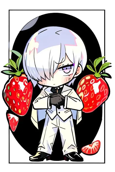 1boy, black gloves, formal clothes, white suit, long sleeves, male focus, purple eyes, grumpy, solo, full body, pants, (beige hair:1.2), fluffy hair, short hair, hair over right eye, <lora:mekakure_right_v100:0.85>, black undershirt, chibi, <lora:teradatera:1>,frame, strawberry, shortcake, whipped cream