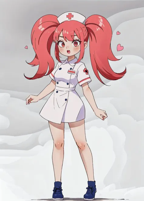 asterpiece, absurdres, a woman in a white nurse dress, photorealistic, by Shitao, red cross, pink gradient hair (twintails), statoscope, white and blood color scheme, mischievous expression, nurse girl, (half body:1.2), ribbon in her hair, iv drip, (sfw) safe for work, with a red detailed eyes, hearts around,
