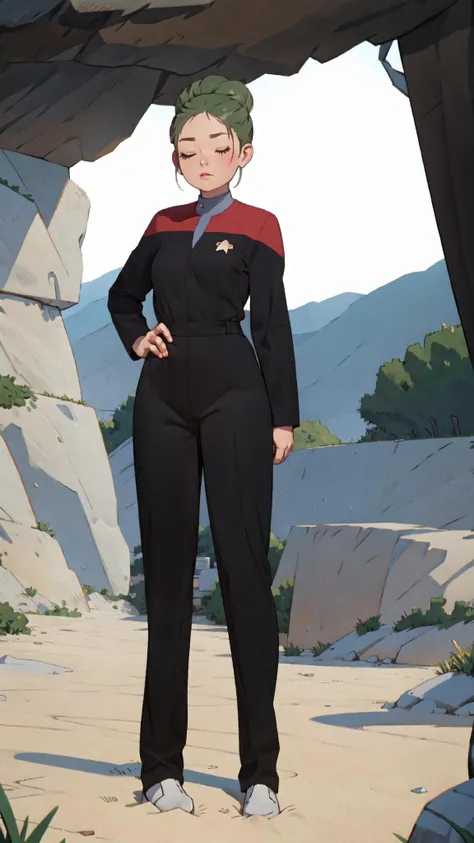 close-up photography of woman, closed eyes, normal body type, (looking at viewer:1.3) BREAK voyunf red and black uniform, black pants,black sleeves BREAK (pastel top knot hair:1.2) BREAK beach cave in background, evening, foggy weather <lora:Voy6batchDebiasGold1:0.8> ,
