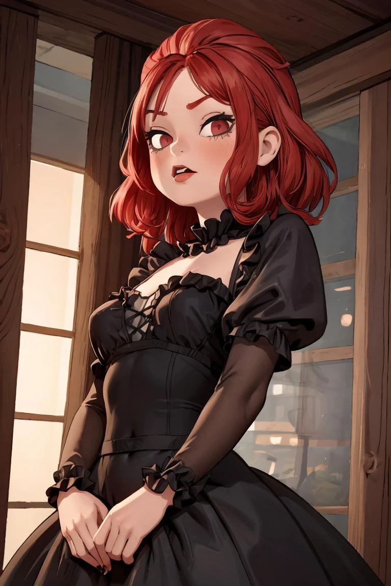 (masterpiece, best quality), 1girl, red hair, medium chest, gothic frill dress, pervert face, <lora:add_detail:1>