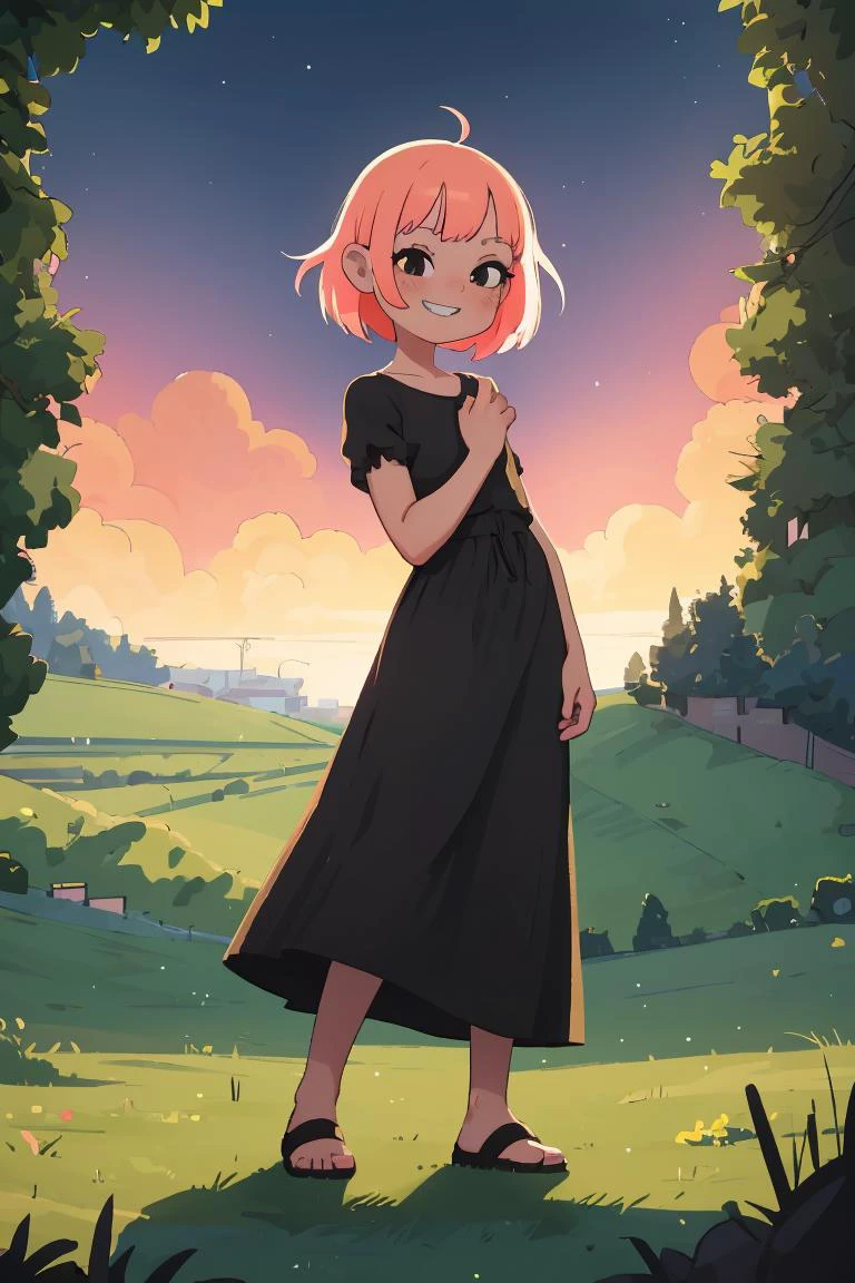 (masterpiece, best quality), 1girl, female youth, lithe, latin american, black eyes, unique ears,   square jaw,      teeth, peach fringe haircut hair, awe wearing tiered maxi dress, babydoll,  , head tilt, tilting the head with a coy smile, conveying playfulness and charm, neon lighting, vibrant, colorful lights adding a modern and edgy touch to romantic scenes, a picturesque countryside, with rolling hills, green meadows, and grazing animals