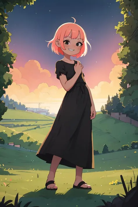 (masterpiece, best quality), 1girl, female youth, lithe, latin american, black eyes, unique ears, square jaw, teeth, peach fringe haircut hair, awe wearing tiered maxi dress, doll, , head tilt, tilting the head with a coy smile, conveying playfulness and charm, neon lighting, vibrant, colorful lights adding a modern and edgy touch to romantic scenes, a picturesque countryside, with rolling hills, green meadows, and grazing animals