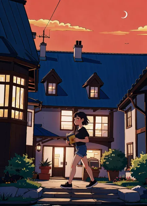 Girl walking along a ledge, jean shorts and a black t-shirt, with books under her arm and the city at her feet. Sky Light Shanghai. Black cat (Ilya Kuvshinov) night, reddish sky, crescent moon. Perspective of houses and roofs (Jeremy Mann). Pastel ocher tones. Watercolor technique. Maximum detail, 4K