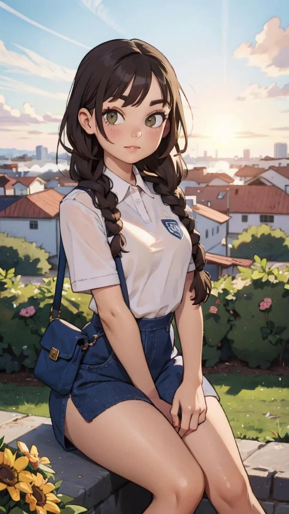 close-up, shy, athletic body type, (looking at viewer:1.3) BREAK cerulean cashmere uniform, BREAK (taupe goddess braids hair:1.2) BREAK picnic spot in background, evening, foggy weather