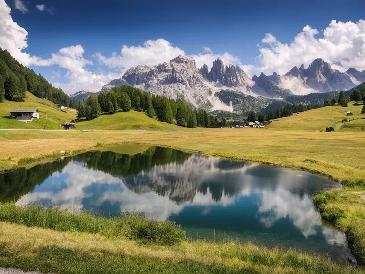 a photo of landscape, moutain with fresh green grass around the small lake in distance, some trees , lake reflect the mountain , sky is blue,bird view,HDR,4K,8K,wallpaper