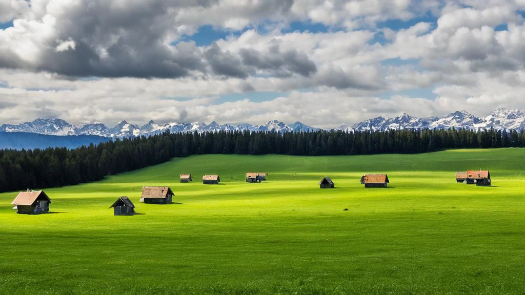 a green field with a few cabins in the middle