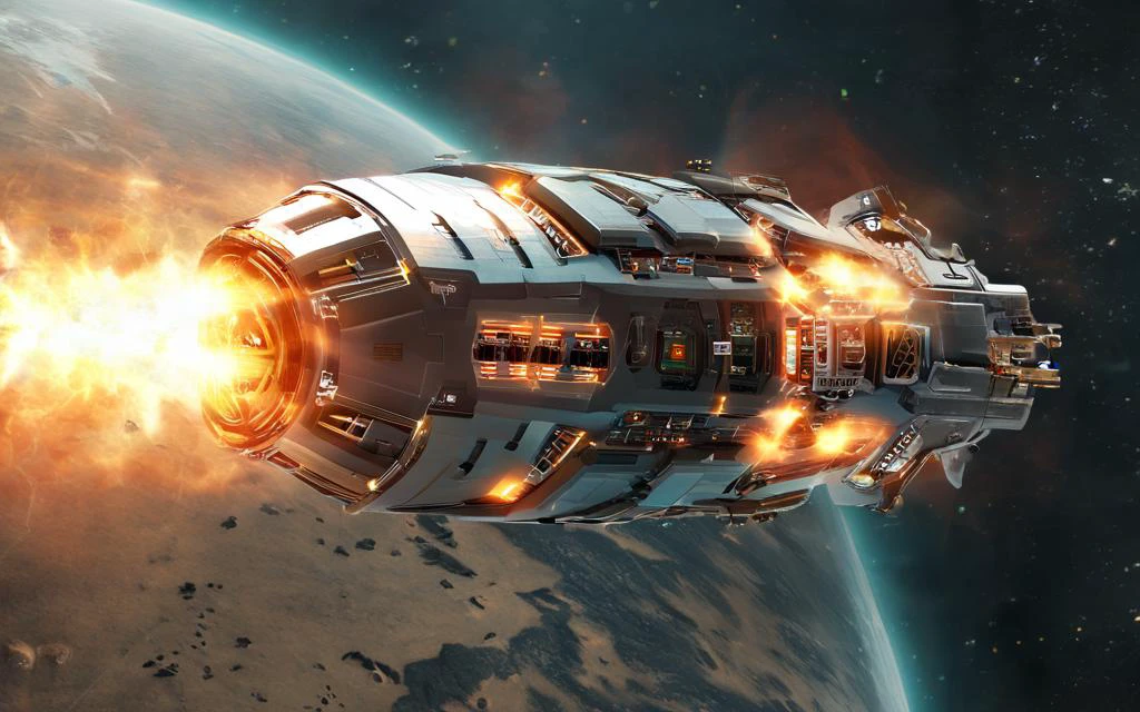 an image of a space ship with a fiery glow