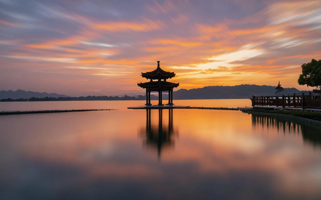 a pagoda stands on the edge of a lake at sunset